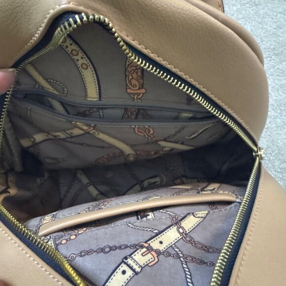 Tan Faux Leather Mini Backpack With Gold Hardware & Chain Print Lining main image 5